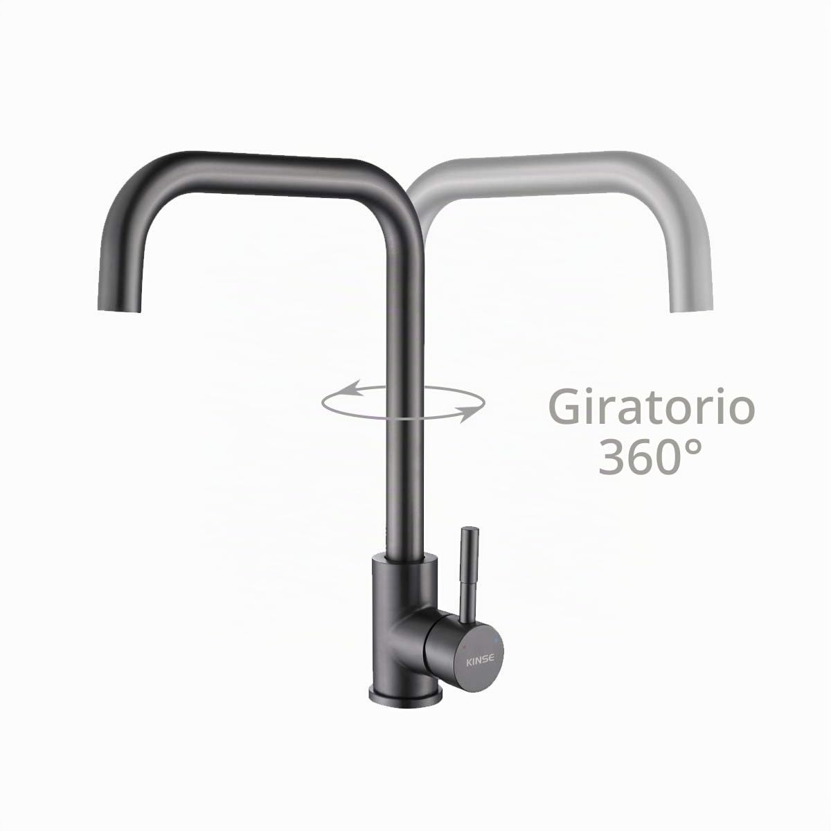 KINSE Grifo Cocina Fregadero Acero inoxidable, Monomando, giratorio 360°, Gris pistola
