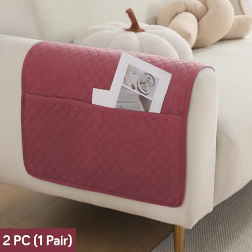 Image of HOKIPO Polyester Quilted Sofa Armrest Cover with Pockets, Mauve Pink, Pack of 2 (1 Pair) (IN-787-L-PCH*2)