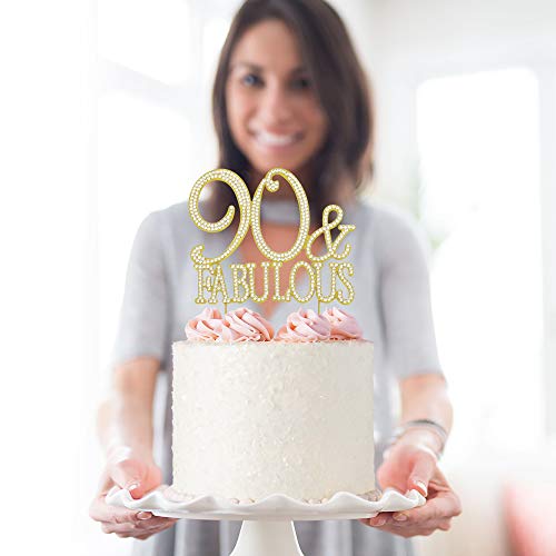 90 Cake Topper - Premium Gold Metal - 90 And Fabulous - 90Th Birthday Party Sparkly Rhinestone Decoration Makes A Great Centerpiece - Now Protected In A Box #TOP5