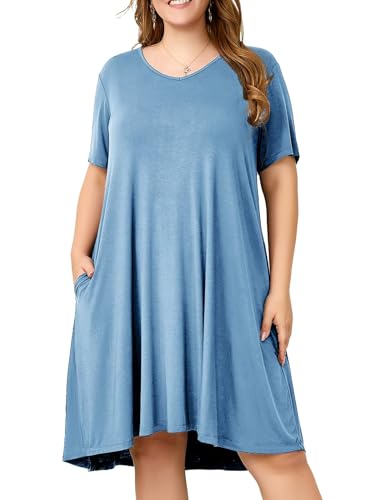 Image of OVERWORETY Womens Short Sleeve Plus Size T-Shirt Dress V Neck Casual Loose Swing A-Line Summer Tunic Dresses with Pockets