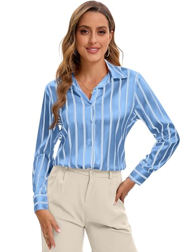 Image of Premium Soft Breathable Stretch Satin Silk Button Down Shirts for Women Long Sleeve Leopard Blouses Work Dress Tops