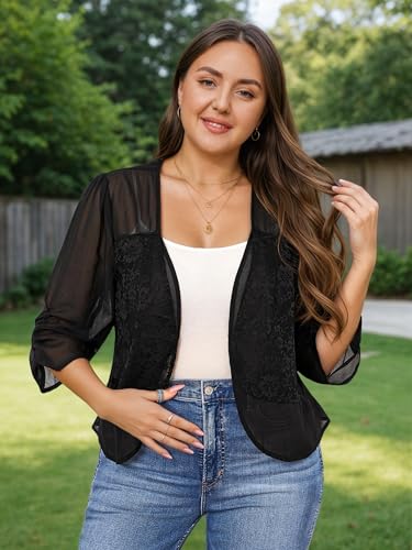 Women Plus Size Lace Shrugs Half Sleeve Cropped Cardigan Lightweight Open Front Bolero Transparent4