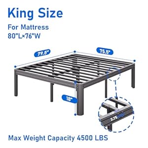 King Bed Frames 18 Inch High Bedframe No Box Spring Needed Heavy Duty Steel Slats Platform Mattress Base 4500lbs Weight Capacity Reinforced Metal Frame Noise Free Easy Assembly Black
