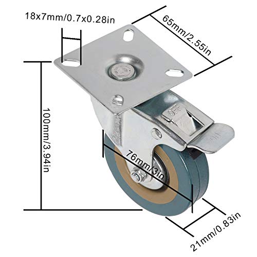 KINJOEK 4 Pack 3 Inch Caster Wheels Swivel 2 with Brakeand 2 Non Brake,360 Degree Polyvinyl Chloride Rubber Wheels for Carts, Furniture, Workbench, Trolley, 440lb Capacity