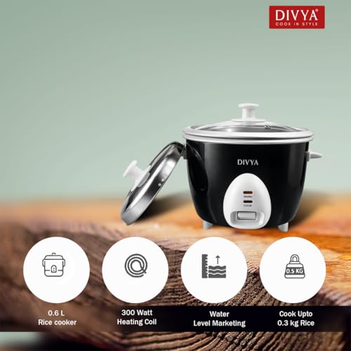 Image of DIVYA 0.6 L Drum Electric Rice Cooker for Home | 300 W | Double Pot Anodised Aluminium | Glass & Stainless Steel Lid | Cook & Keep Warm Function | Compact Rice Cooker | Black