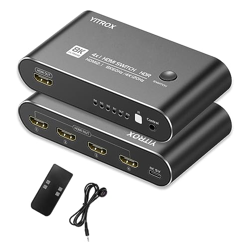 HDMI Switch 4 in 1 Out 4K 120Hz, 4K 144Hz, 8K 60Hz, HDMI 2.1 Switcher Compatible with PS4/5, Xbox, Fire Stick, Apple TV, Roku, HD TV, Aluminum Shell