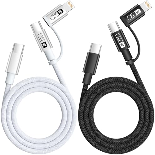Image of 60W Max 2 in 1 USB C to C /IP Cable, Fast Charging Type-C Cable, Travel Essentials USB-C Multi iPhone 17 Charger Cord Compatible for iPhone 17-8, Android, iPad and More, Carplay Cable(2Pack 4FT)