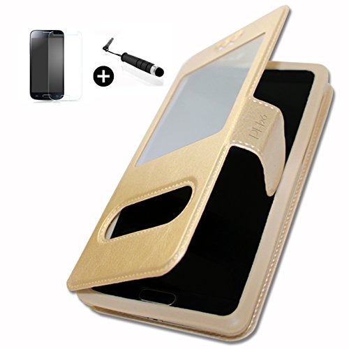 Wiko Cink Slim 2 super PACK premuim Etui fenêtres Housse Coque Folio or gold PU + mini stylet screen touch + verre trempé Dureté 9H, Ultra-mince 0.20 mm...