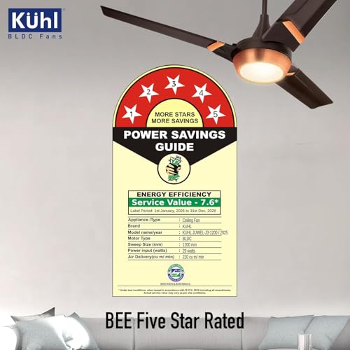 Image of KUHL Juwel J3 1200 Mm 65% Power Saving BLDC Ceiling Fan | BEE 5 Star Rated & ISI Marked | High Air Flow | 5 Year Warranty On Motor | Espresso