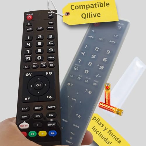 Mando TELEVISIÓN Compatible QILIVE - Mando a Distancia TELEVISOR TV mismas Funciones QILIVE + Pilas + Funda incluida para QILIVE
