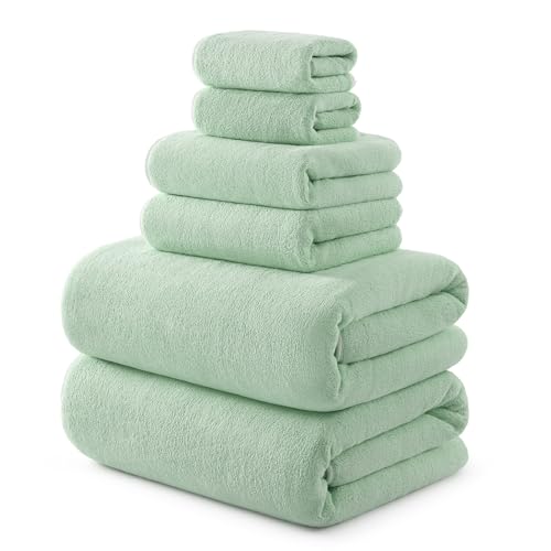 REDKISS Pack of 6 Towel Set - 2 Extra Large Bath 2 Hand 2 Washcloths Ultra Soft & Highly Absorbent Quicker to Dry Green Towels for Bathroom Spa Hotel Gym