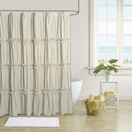 Farmhouse Ruffle Shower Curtain with Handmade Ruched, Vintage Ruffled Fabric Bathroom Curtains, Decorative Elegant Bathroom Curtain with 12 Holes, Camel, 72