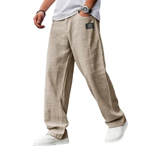 Mokaloha Mens Pants, New Men Casual Hemp Fabric Embroidered Logo Drawstring Loose Elastic Waist Trousers for Vacation Fashion4