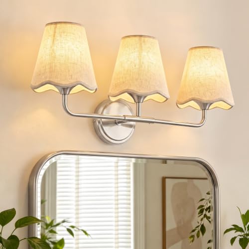 Image of Bathroom Light Fixtures 22 inch 3-Light Vanity Light Brushed Nickel | Farmhouse Bathroom Lights, Beige Wavy Fabric Shade, Dimmable Vanity Lighting Fixtures for Mirror Bedroom Living Room Hallway