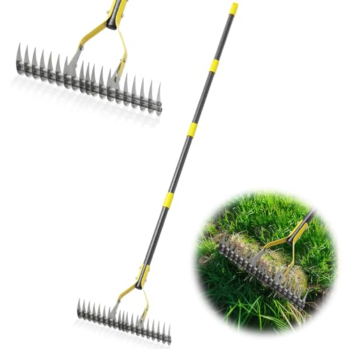 Thatch Rake 5.5FT Heavy Duty Metal Dethatcher Rake with Adjustable Long Handle 19-Tine 15&rdquo; Wide...