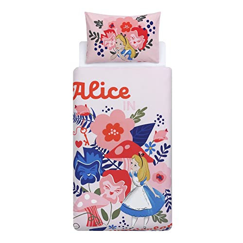Disney Home Alice au pays des merveilles Parure de lit réversible double face, 100 % coton, taille simple, 2 pièces, 135 x 200 cm + 50 x 70 cm