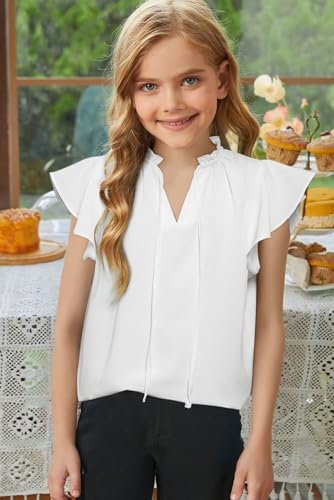 Girls Cute Ruffle Short Sleeve T Shirts Casual V Neck Chiffon Blouse Tops 6-15 Years3