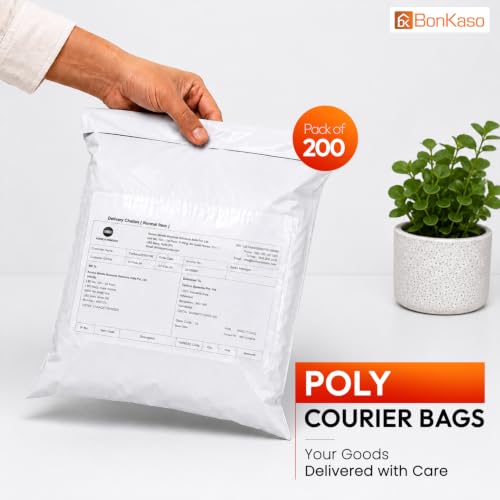 Image of BonKaso Poly Courier Bags 10x12 Inch with POD Sleeve | 55 Micron Tamper Proof Packaging Envelopes for Shipping, E-Commerce & Deliveries - White Plastic Mailer (Pack of 200)