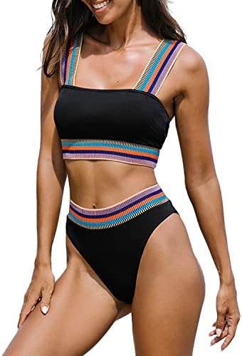popvil Women's Bandeau High Waisted Patchwork Swimsuit, Black, Medium