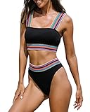 popvil Women's Bandeau High Waisted Patchwork Swimsuit, Black, Medium