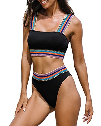 Popvil Women's Bandeau High Waisted Patchwork Swimsuit, Black, Medium #TOP2