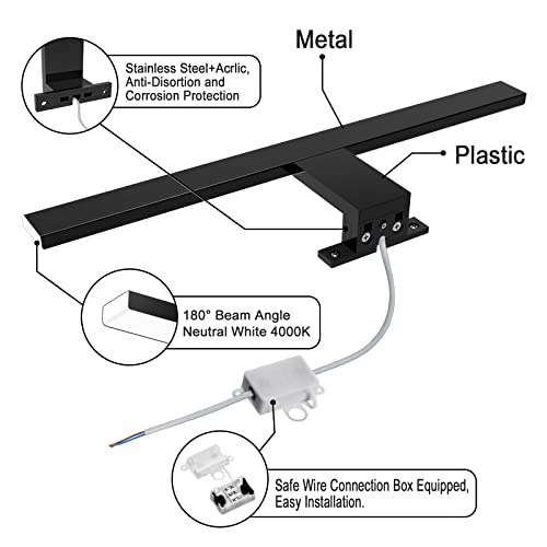 Azhien Led Spiegelleuchte 10W 820LM,40cm Badezimmer Wandleuchte Neutralweiß 4000K,3 In 1 230V Schrank Beleuchtungen Led,Schwarz
