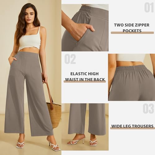 FireSwan Women's Wide Leg Work Pants High Elastic Waist Dress Palazzo Pants Trousers with Zipper Pockets (Mocha M)3