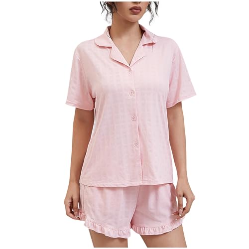 Fall Thin Pjs Set for Women Lapel Short Sleeve Button Tops and Ruffles Shorts Two Piece Pj Fashion Housecoat Sets