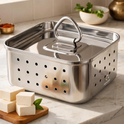Image of HomeWiz Stainless Steel Paneer Maker 450ml | Paneer Maker Mould Press with Lid | Chrome Finish Technology for Rust Free Paneer Maker | Drainage Holes for Perfect Paneer, Tofu & Cheese | Lifetime Use