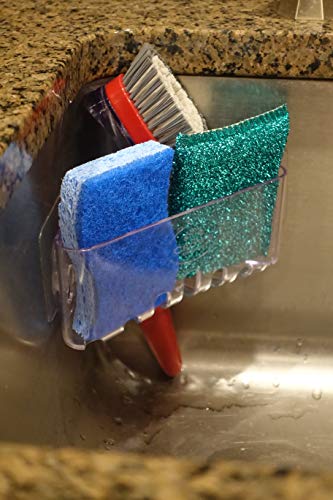 The Crown Choice Kitchen Sponge and Brush Holder – Space Saving Corner Sink Caddy - Sponge Holder Plastic, Adhesive, Rust Proof and Water Proof – Kitchen Holder Sponges, Scrubbers, Soap