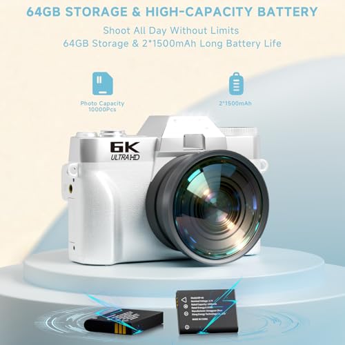 Image of 6K Digital Camera for Photography Autofocus, 2026 Upgraded WiFi Vlogging Camera for YouTube with 3 inch 180 Flip Screen 16X Zoom, 64GB SD Card & 2 Batteries Compact Travel Camera for Beginners Teens