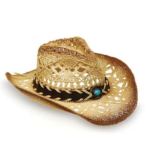 Image of YOUBADU Western Straw Cowboy and Cowgirl Hats with Decorative Bands - Unisex Wide Brim Raffia Style Sun Hat