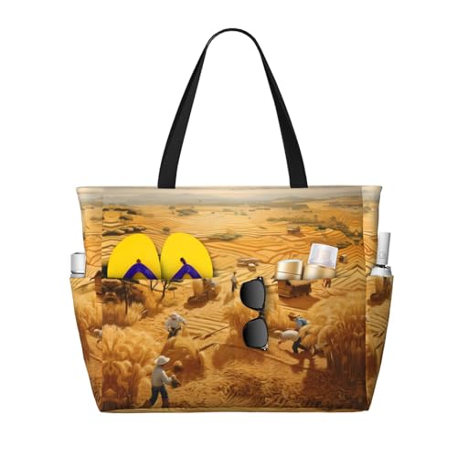 wheat harvest Large Capacity Beach Travel Bag, Foldable Beach Bag with Zipper, Great for Grocery Bag Pool Gym Travel Shopping