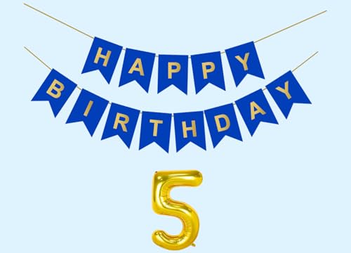 Image of 5th Happy Birthday Decoration Kit Dark Blue for 5 year Old Boys Girls Baby with Number Five Party Decorations Decor Celebration Items Item Set Combo Reusable Paper Banner