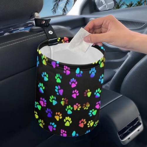 Image of Renewold Waterproof Car Trash Can Multicolor Dog Paws Print Organizer Adjustable Foldable Garbage Can Multipurpose Trash Bin for Car Front and Back Seat Camping Picnicing Travel Beach Storage Bag