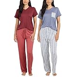 Real Essentials 2 Pack: Women's Pajama Set - Choose from Short Sleeve with Pocket or Long Sleeve without Pocket