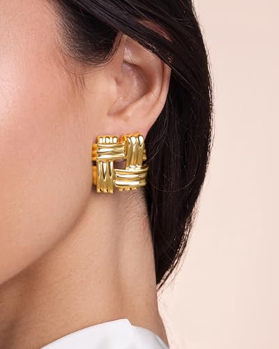 Gold Chunky Square Statement Earrings for Women by SNGIA, Medium Geometric Handmade Trendy Stud Ribbed Jewelry Gifts, Rectangle Textured Minimalist Huggies Fashion Button Accessories, Vintage Thick Rectangular Nickle Free Huggie Earring.3