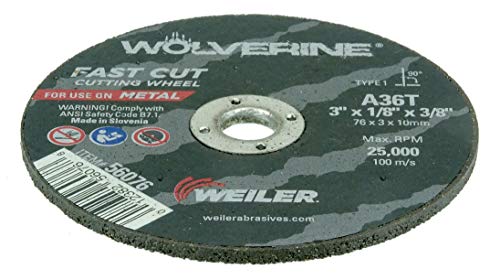 Image of Weiler 56076 3-Inch Cutting Wheel, Wolverine AO Steel /Metal Fast Cut, Value Cutting, 1 /8 inch A36T Type 1 3 /8 inch Arbor (Pack of 100)
