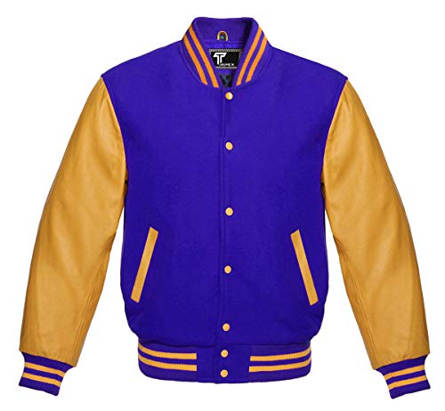 Image of Premium Letterman Baseball School College Bomber Varsity Jacket Purple & Gold Genuine Leather Sleeves