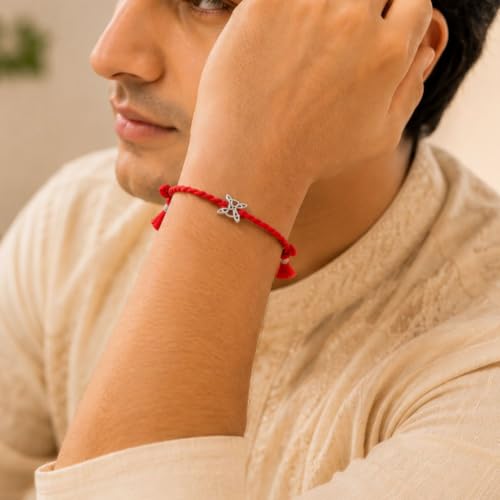 Image of AIRA 925 Sterling Silver Premium Designer Bracelet Rakhi for Brother | Handmade Raksha Bandhan Sacred Thread with Silver-Tone Geometric Charm & Adjustable Red Braided Cord | Traditional Festival Rakhi Gift