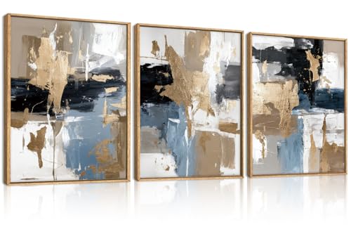 Image of KAIRNE Blue and Gold Abstract Framed Canvas Wall Art Set,Minimalist Brush Strokes Wall Decor,Modern Textured Art Prints,Neutral Brown Black Artwork for Living Room,Bedroom,Farmhouse,Office-12 x16 x3