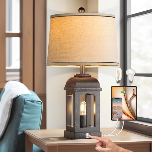 QiMH Table Lamp for Living Room, Farmhouse Lamps with USB