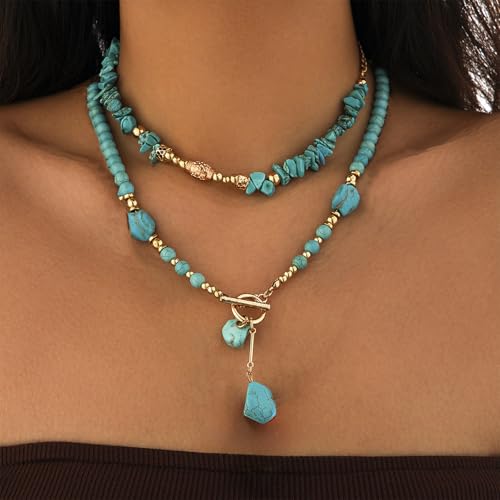 Turquoise Beaded Necklace for Women Layered Choker Necklace Gold and Turquoise Necklace Toggle Collar Handmade Western Boho Jewelry3