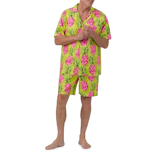 Trina Turk x BedHead Pajamas Mens, Lightweight Organic Cotton Short Sleeve Button Down Shorts Lounge Set