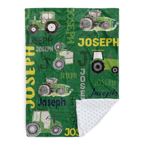 Custom Tractors Blanket - Farm Tractor Trucks Design with Personalized Names - Soft Plush Flannel Throw Blanket with Double Layer Dotted Backing for Baby Kids Teen Boys Girls Gifts Green