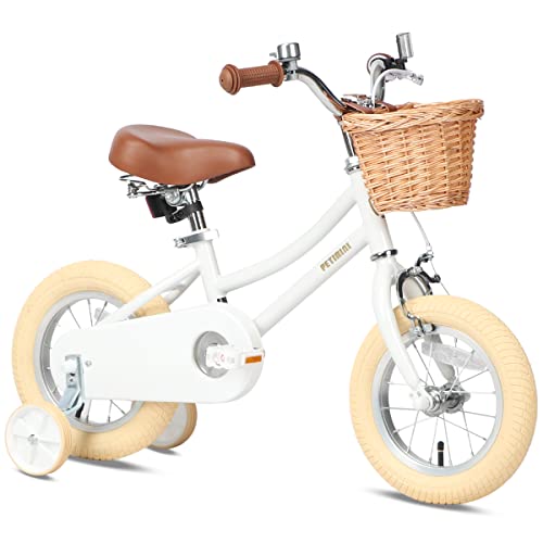 Image of Petimini Vintage Kids Bike for Girls, 12-20 Inch Classic Bicycle with Wicker Basket & Bell, High Tensile Steel Frame, Training Wheels (12-18 inch), 85% Pre-Assembled, Retro Bike for Outdoor Riding