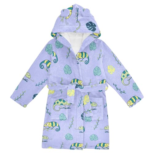 WIFIU Toddler Baby Hooded Bathrobe for Boys Girls Animals Chameleon with Leaves Printed, Soft Plush Bath Towel Robe with 2 Pockets for 10-12 Years