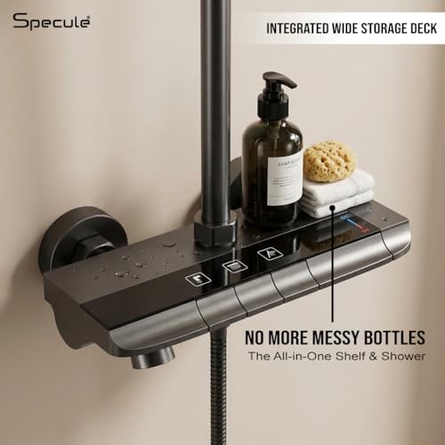Image of Modern 3 in 1 Wall Mixer for Bathroom with 190 mm L Bend Set | Black Shower Mixer Tap with overhead shower provision | Premium Bathroom Shower System for hot & cold control