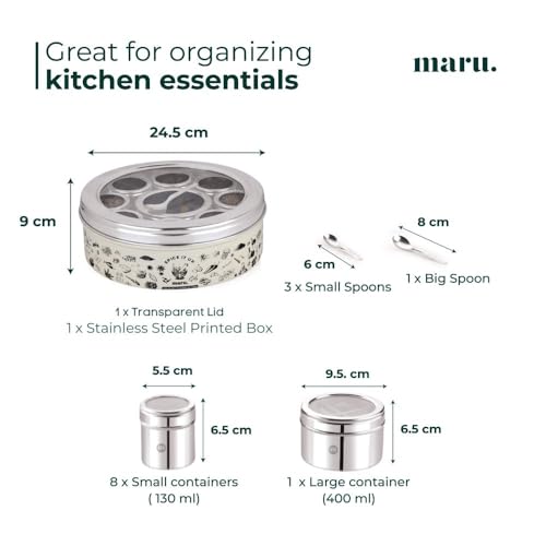 Image of MARU 12-in-1 Printed Stainless Steel Masala Dabba for Kitchen, Elegant and Durable Spice Box with See-Through Individual Lids, Ideal Kitchen Organizer for Storing All Herbs, Spices, and Seasonings