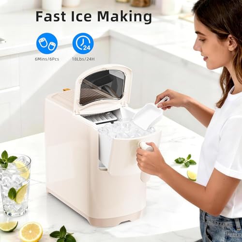 Image of Electactic Countertop Ice Maker Machine 18lbs /24H, 6-Min Fast Bullet Portable Ice Maker, 6.69 inch Slim Space-Saving with Auto-Drain Drawer, Self-Cleaning, Scoop for Kitchen RV, Cream White